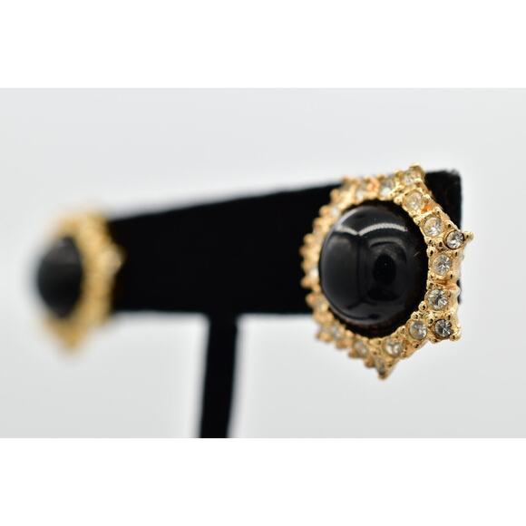 Christian Dior Vintage Black Cabochon Earrings Crystal Gold NOS Signed 80s BinQ - Picture 2 of 12